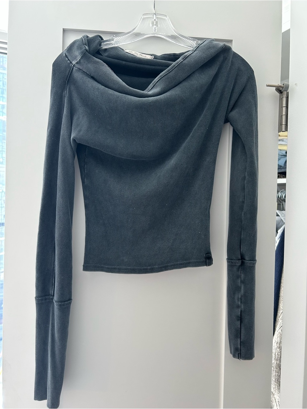 Free People Long Sleeve Cowl Neck Top in Washed Black
